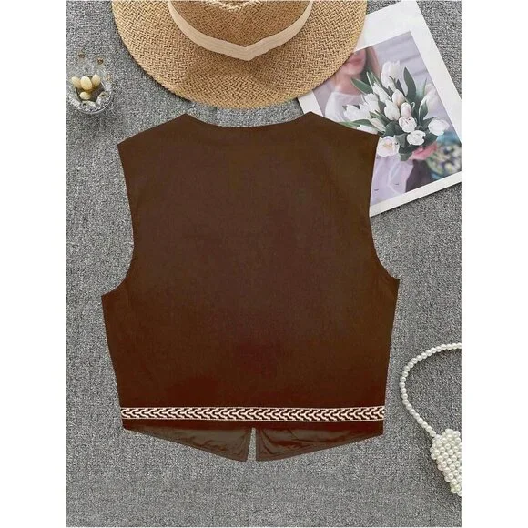 Women's Brown Cowgirl Western Outfit Linen Embroidered Boho Vest Tops - Picture 2 of 4